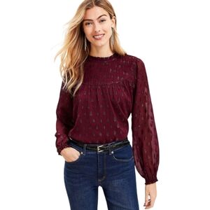 LOFT Wine Colored Pleated Peasant Chiffon Blouse Top Size‎ Large